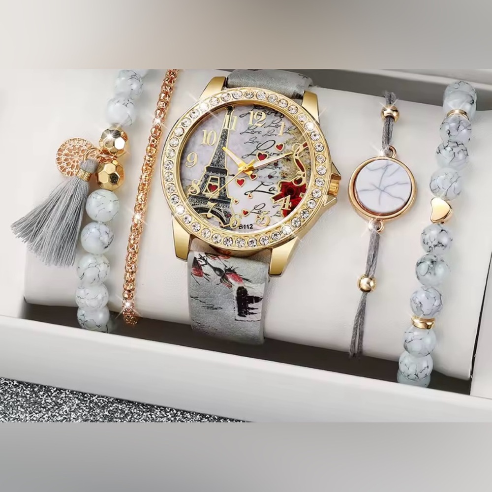 Elegant Gold and Gray Watch with Eiffel Tower Design
